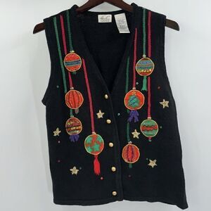 Vintage Kathie Lee Embellished Christmas Sweater Vest With Ornaments Size Large